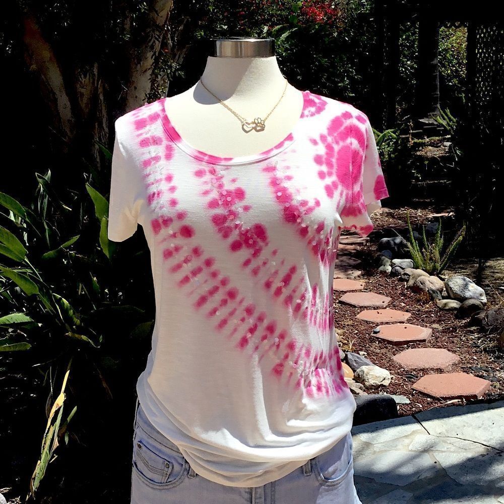 INC TIE DYE WOMEN T-SHIRT TOP SHORT SLEEVES SIZE MEDIUM WHITE PINK - Picture 2 of 6